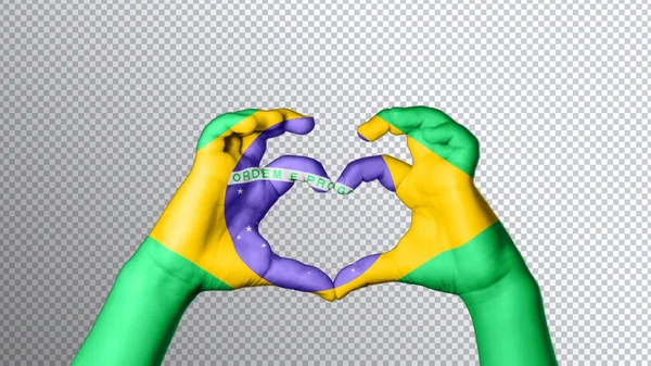 巴西国旗的颜色 手显示出心灵与爱情的象征 — 图库照片