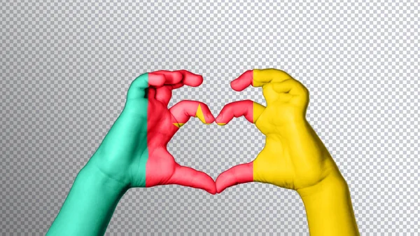 Kamerunská Vlajka Barva Ruce Ukazují Symbol Srdce Lásky Výstřižek Cesta — Stock fotografie