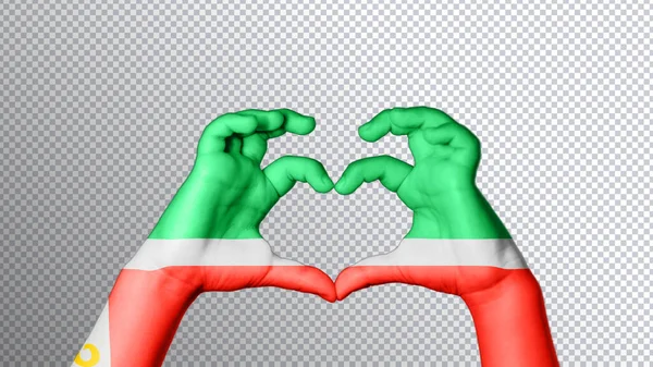 车臣共和国的国旗色彩斑斓 双手流露着爱与心的象征 剪断了路径 — 图库照片