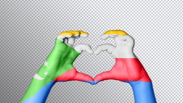 Comore Szigetek Zászló Színe Kezek Mutatják Szimbólum Szív Szeretet Nyírás — Stock Fotó