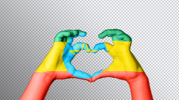Цвет Флага Эфиопии Руки Показывают Символ Сердца Любви Обрезка Пути — стоковое фото