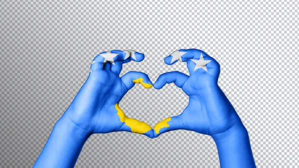 Barva Kosovské Vlajky Ruce Ukazují Symbol Srdce Lásky Výstřižková Cesta — Stock fotografie