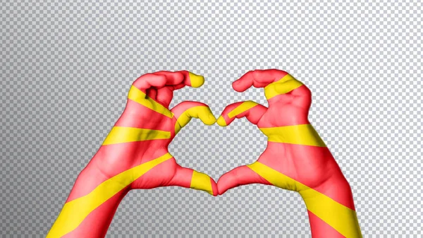 Kolor Flagi Północnej Macedonii Ręce Pokazują Symbol Serca Miłości Ścieżka — Zdjęcie stockowe