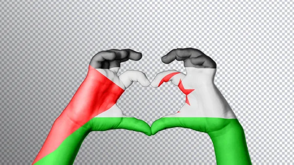 阿拉伯撒哈拉民主共和国国旗的颜色 手显示出心脏和爱的象征 剪断了路径 — 图库照片