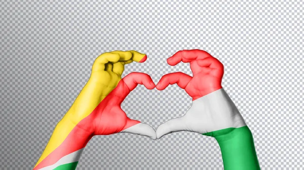 塞舌尔国旗的颜色 手显示出心灵与爱情的象征 快捷方式 — 图库照片