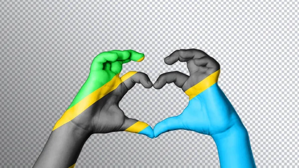 坦桑尼亚国旗的颜色 手举着象征心与爱 剪路的标志 — 图库照片
