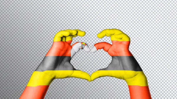 Uganda Zászló Színe Kezek Mutatják Szimbólum Szív Szeretet Nyírás — Stock Fotó