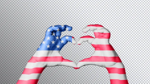 Usa Flagga Färg Händer Visa Symbol För Hjärta Och Kärlek — Stockfoto