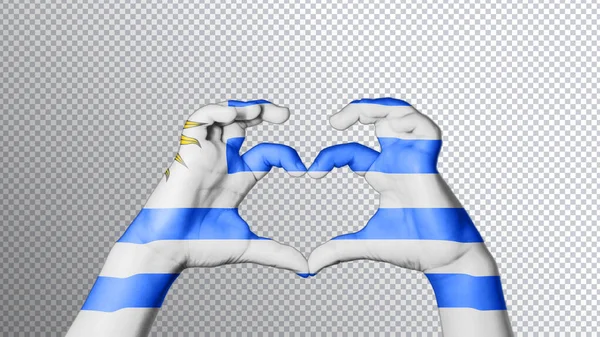 Uruguayská Vlajka Barva Ruce Ukazují Symbol Srdce Lásky Výstřižek Cesta — Stock fotografie
