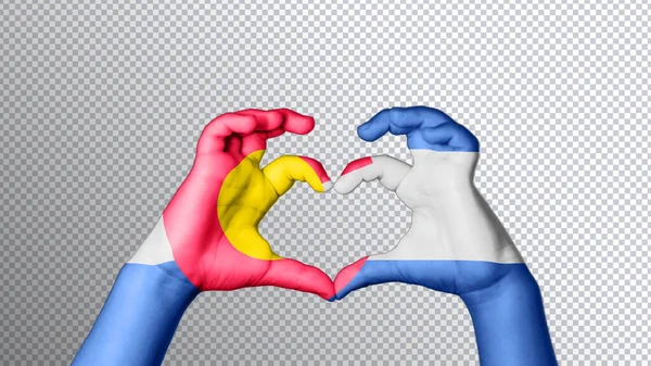 Cor Bandeira Colorado Mãos Mostram Símbolo Coração Amor Caminho Recorte — Fotografia de Stock