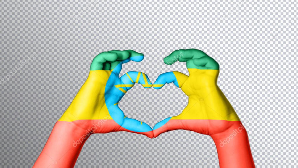 Ethiopia flag color, hands show symbol of heart and love, clipping path