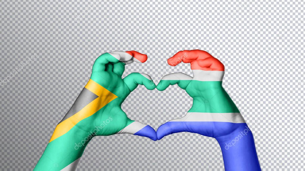 South Africa flag color, hands show symbol of heart and love, clipping path