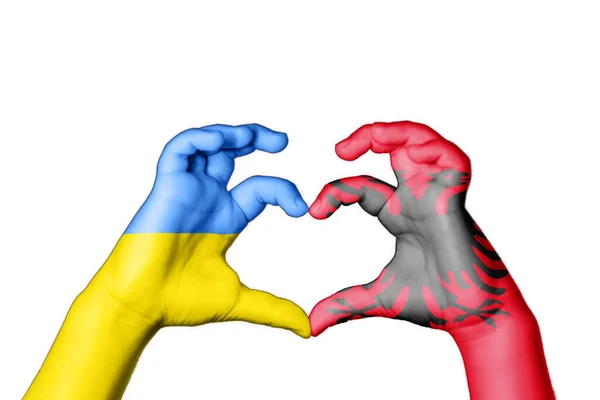 Albânia Ucrânia Coração Gesto Mão Fazendo Coração Rezar Pela Ucrânia — Fotografia de Stock