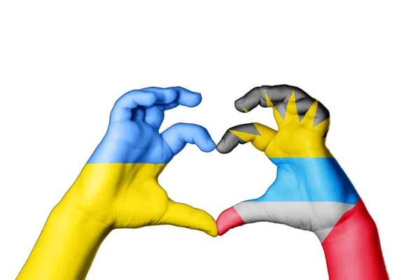 Antigua Barbuda Ukraine Heart Hand Gesture Making Heart Pray Ukraine — Stock Photo, Image