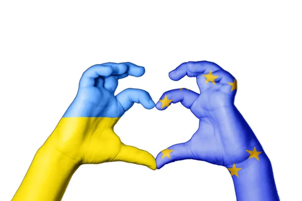 Euroopan Unioni Ukraina Sydän Käsi Ele Tehdä Sydän Rukoile Ukrainan — kuvapankkivalokuva