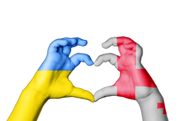 Georgië Oekraïne Hart Hand Gebaar Maken Hart Bidden Voor Oekraïne — Stockfoto