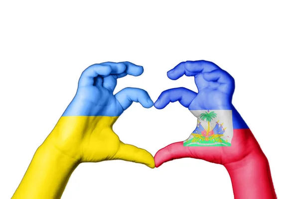 Haiti Ucrânia Coração Gesto Mão Fazendo Coração Rezar Pela Ucrânia — Fotografia de Stock