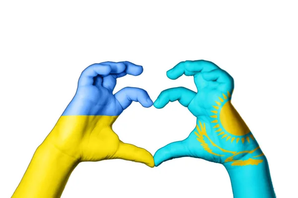 Kazakhstan Ukraine Heart Hand Gesture Making Heart Pray Ukraine — Stock Photo, Image