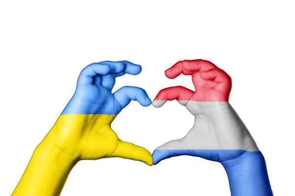 Netherlands Ukraine Heart Hand Gesture Making Heart Моліться Україну — стокове фото