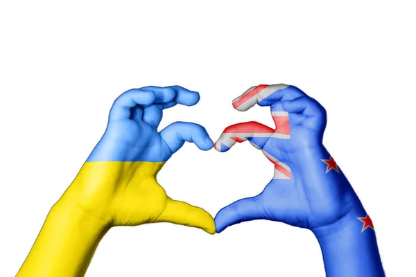 New Zealand Ukraine Heart Hand Gesture Making Heart Моліться Україну — стокове фото