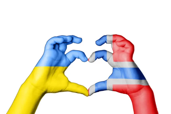 Norway Ukraine Heart Hand Gesture Making Heart Моліться Україну — стокове фото