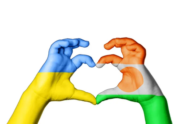 Нигер Украина Сердце Жест Рукой Делает Сердце Молитесь Украину — стоковое фото