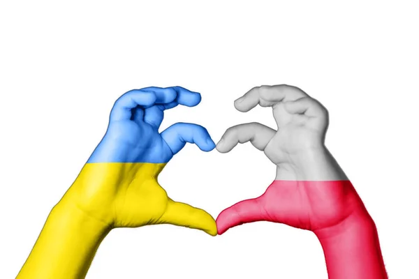 Польша Ukraine Heart Hand Gesture Making Heart Pray Ukraine — стоковое фото