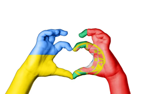 Португалия Ukraine Heart Hand Gesture Making Heart Pray Ukraine — стоковое фото