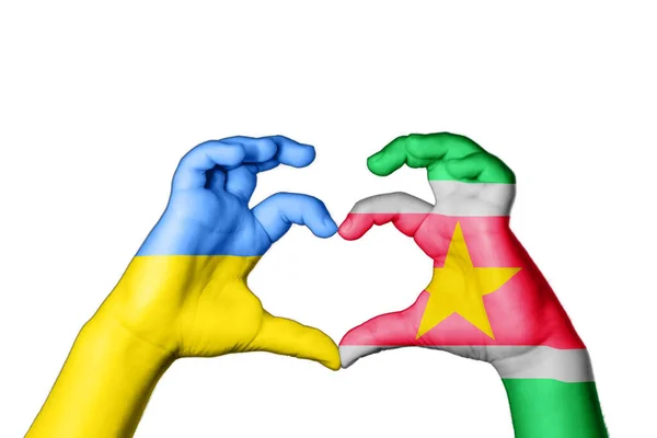 Surinam Ukrajina Srdce Ruka Gesto Dělat Srdce Modlete Ukrajinu — Stock fotografie