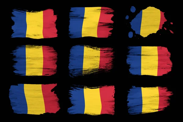 Románia Zászló Ecset Stroke Nemzeti Zászló Fekete Háttér — Stock Fotó