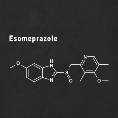 Esomeprazole, siyah arkaplanda beyaz mide asidi yapısal kimyasal formülü azaltır.