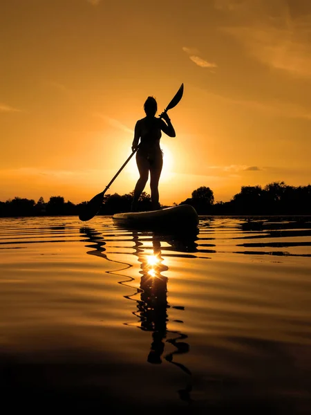 Kvinna Sup Board Paddla Ombordstigning Vid Solnedgången Reflektion Över Vatten — Stockfoto