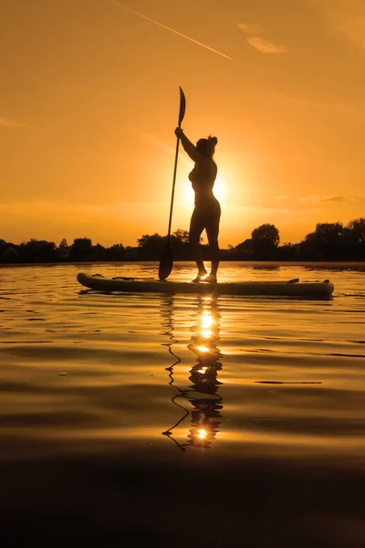 Kvinna Sup Board Paddla Ombordstigning Vid Solnedgången Reflektion Över Vatten — Stockfoto