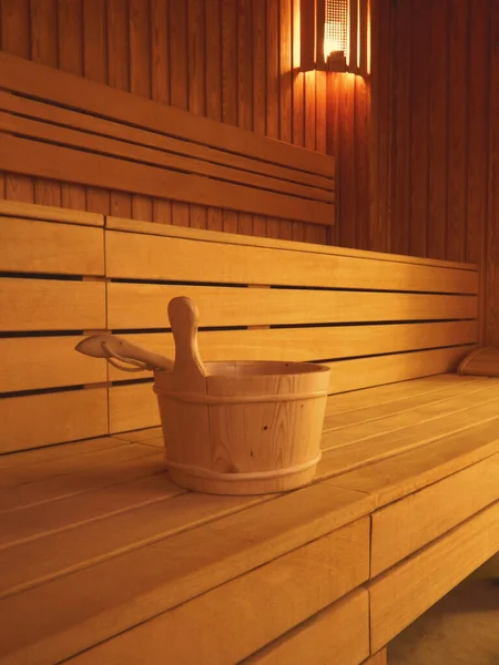 Sauna Madeira Interior Sauna Lenha Com Balde — Fotografia de Stock