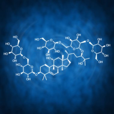 Mavi zemin üzerinde Mogroside Yapısal Kimyasal Formülü (Monk Fruit Sweetener)