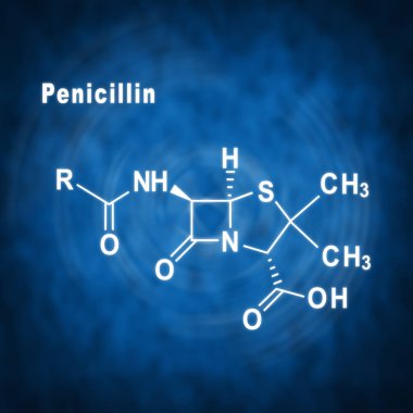 Penisilin, antibiyotik ilaç, mavi arka planda yapısal kimyasal formül.