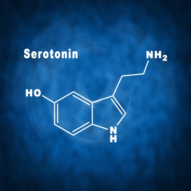 Mavi zemin üzerinde serotonin hormonu yapısal kimyasal formülü