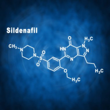 Sildenafil ereksiyon bozukluğu uyuşturucu molekülü mavi arka planda yapısal kimyasal formül