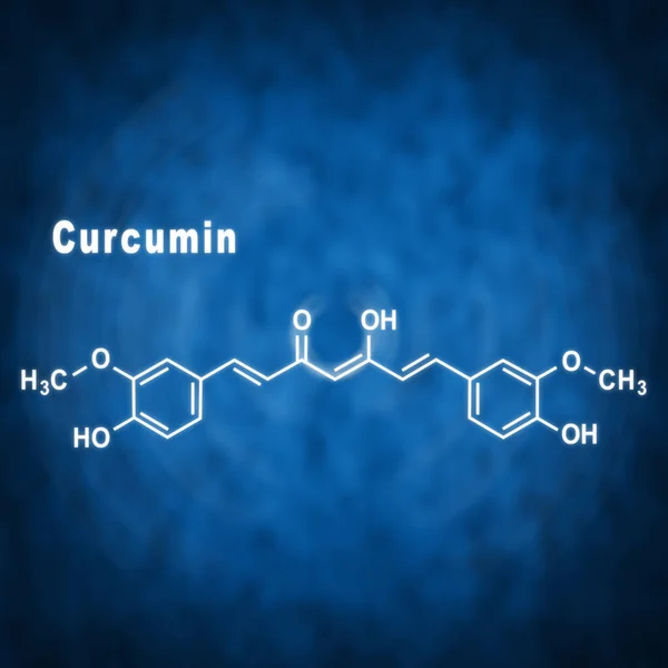 Especia Curcumina Cúrcuma Fórmula Química Estructural Sobre Fondo Azul — Foto de Stock