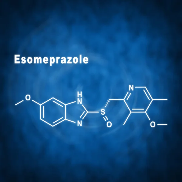 Esomeprazole, reduces stomach acid Structural chemical formula on a blue background