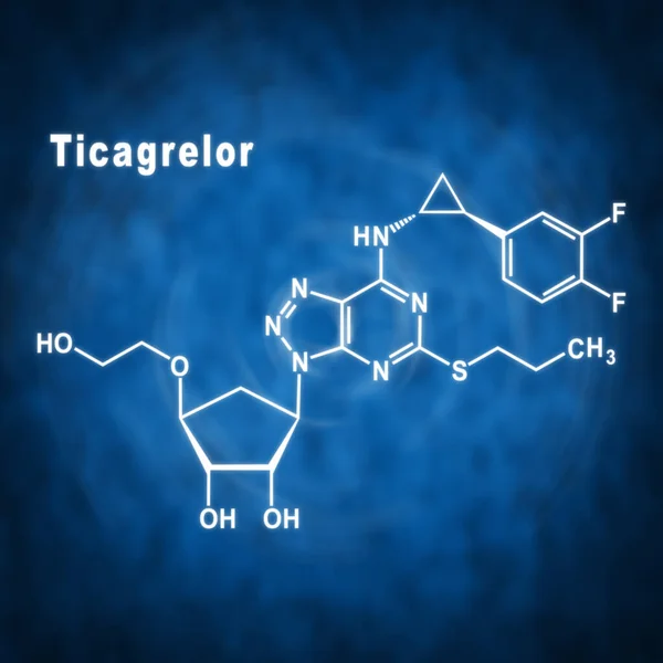 Medicamento Inhibidor Plaquetas Ticagrelor Estructura Química Sobre Fondo Azul —  Fotos de Stock