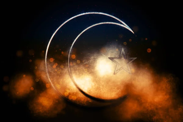 Symbol of Islam. Star and crescent moon. Abstract night sky