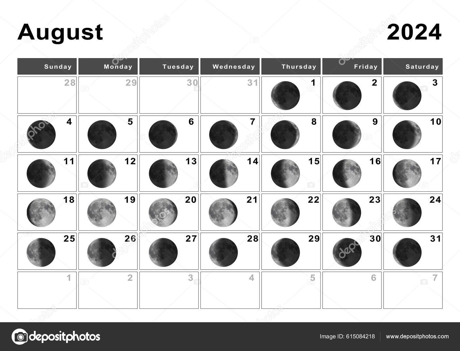 August 2024 Lunar Calendar Moon Cycles Moon Phases Stock Photo by
