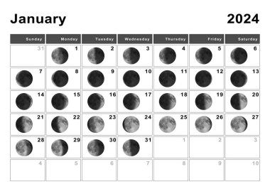 January 2024 Lunar calendar, Moon cycles, Moon Phases clipart
