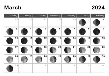 March 2024 Lunar calendar, Moon cycles, Moon Phases clipart