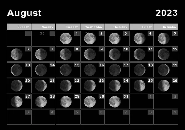 Αύγουστος 2023 Σεληνιακό Ημερολόγιο Κύκλοι Σελήνης Φάσεις Σελήνης — Φωτογραφία Αρχείου