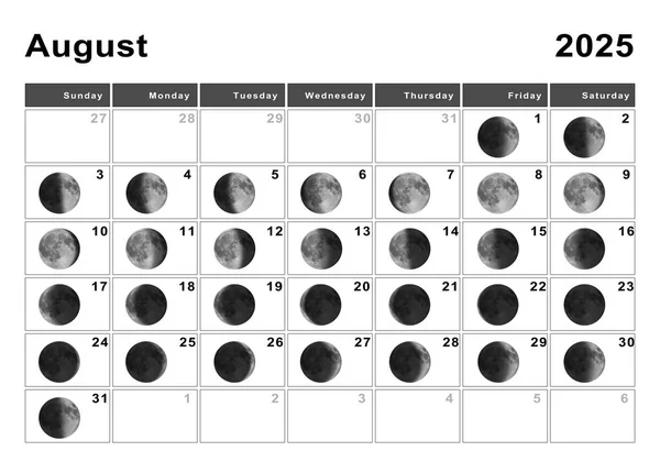 August 2025 Månens Kalender Månens Cykler Månens Faser - Stock-foto