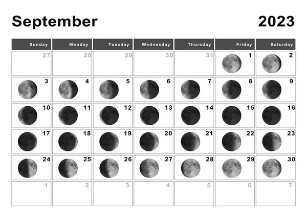 Wrzesień 2023 Kalendarz Księżycowy Cykle Księżyca Faza Księżyca — Zdjęcie stockowe