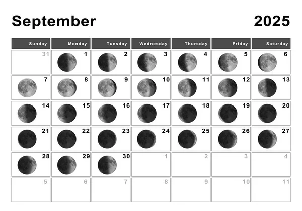 Wrzesień 2025 Kalendarz Księżycowy Cykle Księżyca Faza Księżyca — Zdjęcie stockowe