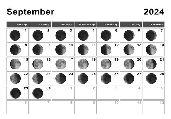Wrzesień 2024 Kalendarz Księżycowy Cykle Księżyca Faza Księżyca — Zdjęcie stockowe